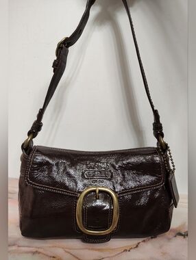 Vintage Y2K Coach 12372 Bleecker Patent Leather Buckle Flap Shoulder Bag Brown